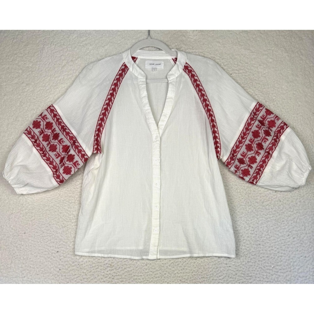 Dear John Blouse Womens Small‎ White Embroidered Balloon Sleeve Boho Peasant Top